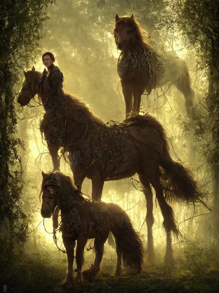 Image similar to a solarpunk portrait of a gorgeous Clydesdale horse with its human owner in the movie Annihilation, with mutated trees and fractal sunlight, award-winning, masterpiece, in the style of Tom Bagshaw, Cedric Peyravernay, Peter Mohrbacher