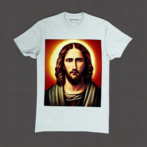 Image similar to a photo of a supreme t - shirt with an image of jesus on it, 4 k, highly detailed