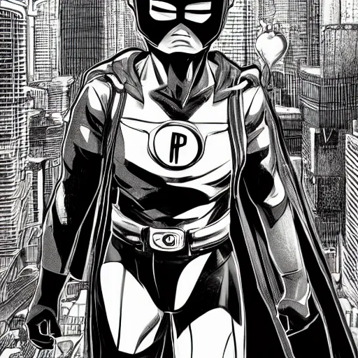 Image similar to Manga illustration of masked super hero, full body and head portrait by Tetsuo Hara. Depth of field, zoom out 35mm camera, awesome cityscape in the background, highly detailed concept art, detailed pencil art by Kengo Hanazawa