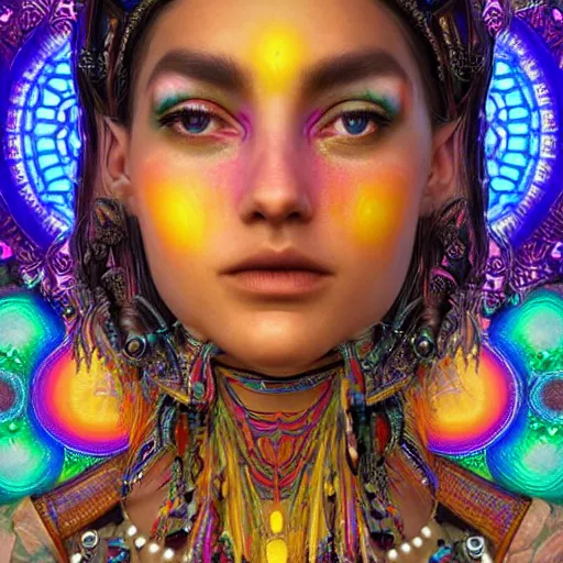 Prompt: portrait of a beautiful techno shamanic young woman wearing elaborate jewelry, side view facing viewer, digital oil painting, highly detailed, intricate, organic, elegant, psychedelic, vibrantly colorful, hyperrealistic, in a symbolic and meaningful style, beautiful lighting, sharp focus, Trending on Artstation HQ, deviantart, unreal engine 5, 4K UHD image, by Artgerm and Anato Finnstark