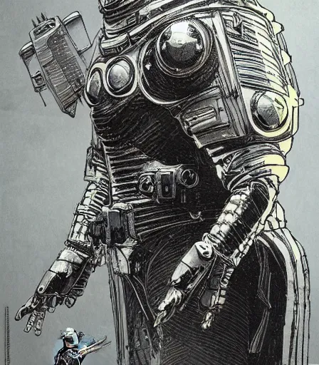 Image similar to Knights Templar wearing space power suit concept art, pen and ink, intricate line drawings, by John Harris, Emil Melmoth, Craig Mullins, yoji shinkawa, artstation, moebius comic, Marc Simonetti, lan McQue, Kentaro, Miura, hyper detailed, cinematic