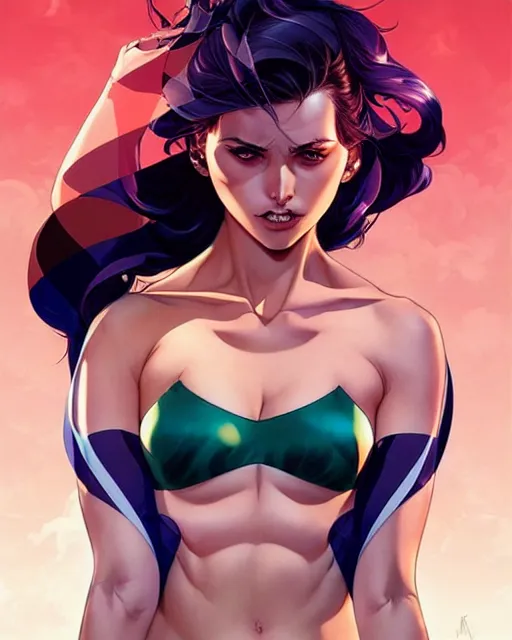 Image similar to artgerm, joshua middleton and sandra chevrier comic cover art, prettyanime girl in bikini, symmetrical eyes, scales, beautiful, rim lighting, vivid colors