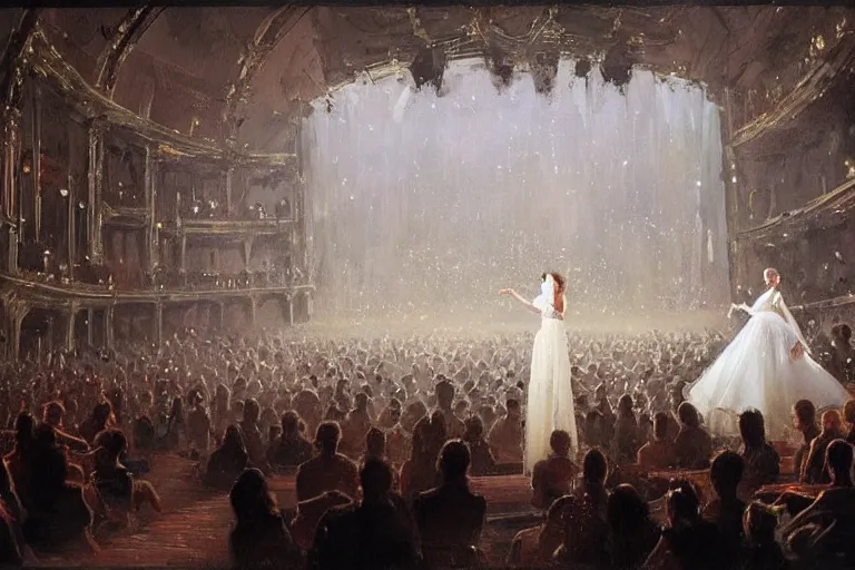 Image similar to Painting by Greg Rutkowski, hundreds of spectators look at an illuminated girl in a white long dress on a theater opera stage with an orchestra, view from the hall