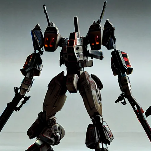 Image similar to cinematic still in ps 5 armoredcore 6, one slim full body ornate armored core with sci - fi rifle arms by fujioka kenki and by mamoru nagano,