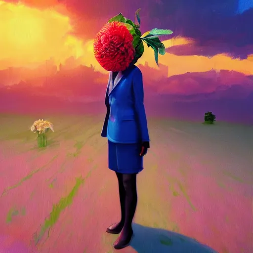 Image similar to closeup, gigantic rose flower head, frontal, girl in a suit, surreal photography, sunrise, blue sky, dramatic light, impressionist painting, digital painting, artstation, simon stalenhag