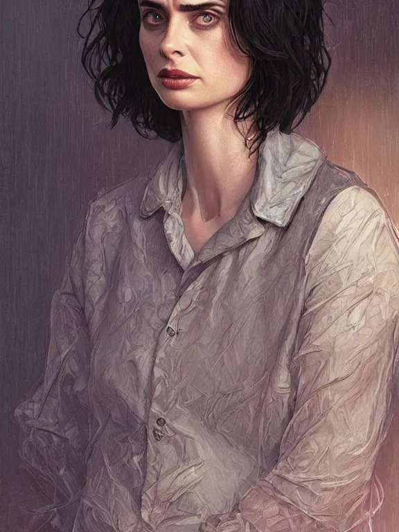 Prompt: old krysten ritter with grey hair as an actor from stranger things, old lady, 1 9 8 0's, intricate, highly detailed, digital painting, artstation, oppressive lighting, fashion concept art, sharp focus, illustration, art by greg rutkowski and alphonse mucha