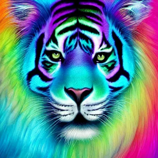 Prompt: Rainbow tiger roaring, silky pastel rainbow fur, chromatic aberration, cute, playful, harper's bazaar, pearlescent, featured on artstation, by Lisa Frank, by Moebius, by Kelly McKernan, by Charlie Bowater, by Laura rubin, 8k