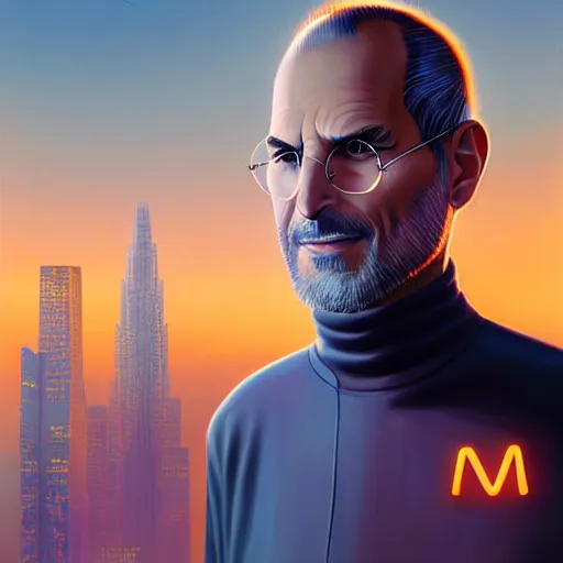 Image similar to futuristic portrait steve jobs standing cybercity, golden hour, poster by michael whelan and gilbert williams and evgeny lushpin and artgerm and alena aenami, 3 0 mm, well proportioned, highly detailed, rule of thirds, long exposure