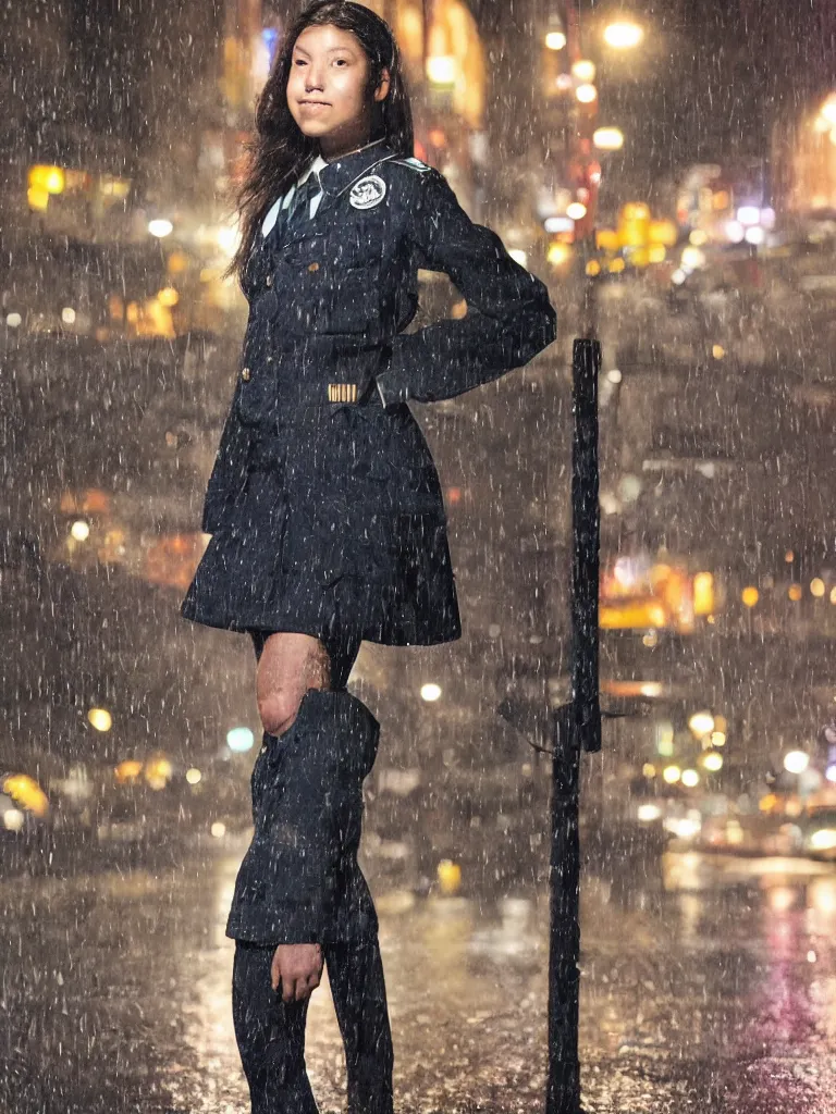 Image similar to night flash portrait photography of a high school girl in uniform on the lower east side by annie leibovitz, colorful, nighttime!, raining!