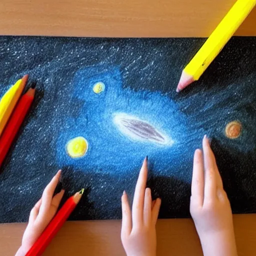 Image similar to a child's drawing of a space battle in crayon