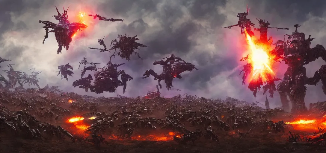 Prompt: epic army of mechwarriors battle creatures on alien planet, explosions, smoke, purple and red lazers, landscape, alex ross, neal adams, david finch, war, concept art, matte painting, highly detailed, rule of thirds, dynamic lighting, cinematic, detailed, denoised, centerd, directed by james cameron