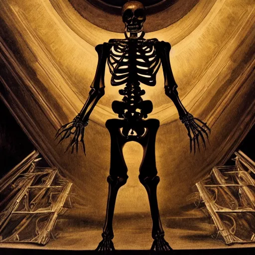 Prompt: dark god sit on the tron, surreal, night, death, fear, 4 k resolution, caravaggio, hyperrealism, detailed and intricate environment, skeleton