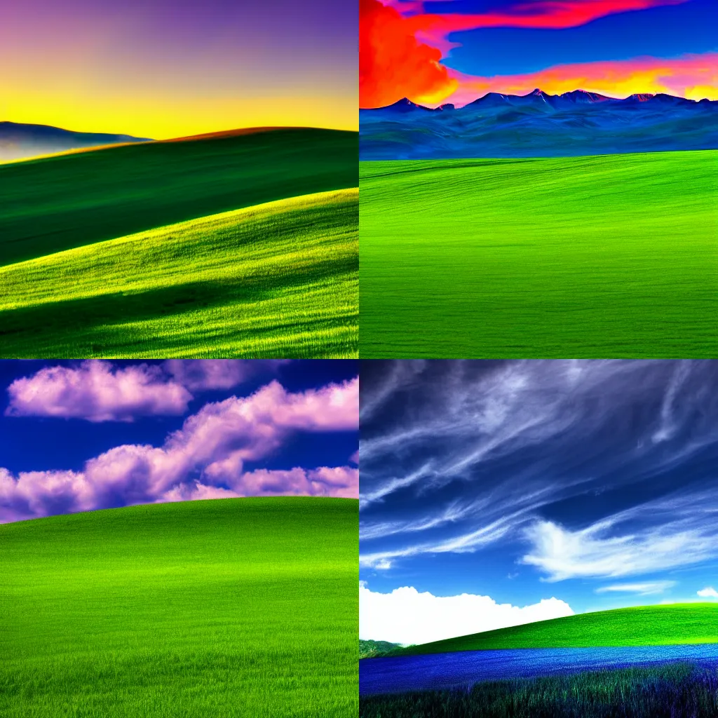 Prompt: The Windows XP background, but the colors are all messed up, high quality photography 4k