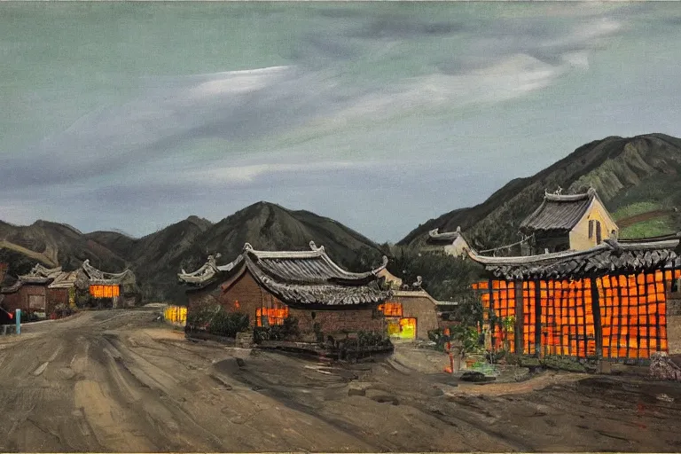 Image similar to landscape of rural village in china with neon lights by liu xiaodong and lucian freud, oil painting, stylized, clean, soft light