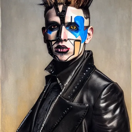 Image similar to an award finning and amazing portrait by akseli kallen gallela and john howe of a male cyberpunk punk rocker clothed in excessively fashionable 8 0 s haute couture fashion and wearing geometric face paint