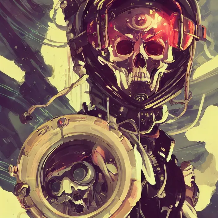 Image similar to anime skull portrait space pirate captain, futuristic science fiction, mucha, hard shadows and strong rim light, art by jc leyendecker and atey ghailan and sachin teng