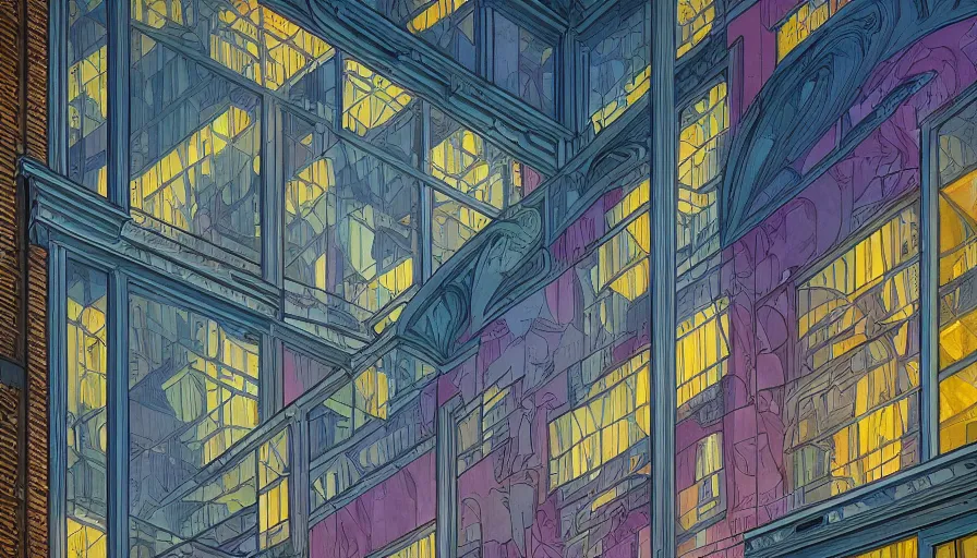 Prompt: a huge standalone hyperrealistic photorealistic hyperdetailed window reflecting a minimalist modern city by night, seen from the distance. art nouveau rococo in the style of caravaggio and botticelli. unexpected elaborate maximalist fabric elements. hd 8 x matte background in vibrant vivid natural interesting pastel colour textures. sharp details.