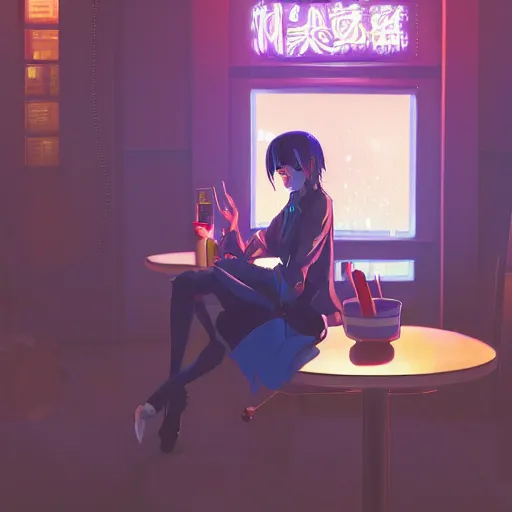 Image similar to beautiful anime painting of a woman with dark - blue hair sitting in a cyberpunk cafe, neon lights outside, by makoto shinkai, kimi no na wa, artstation, atmospheric, high detail