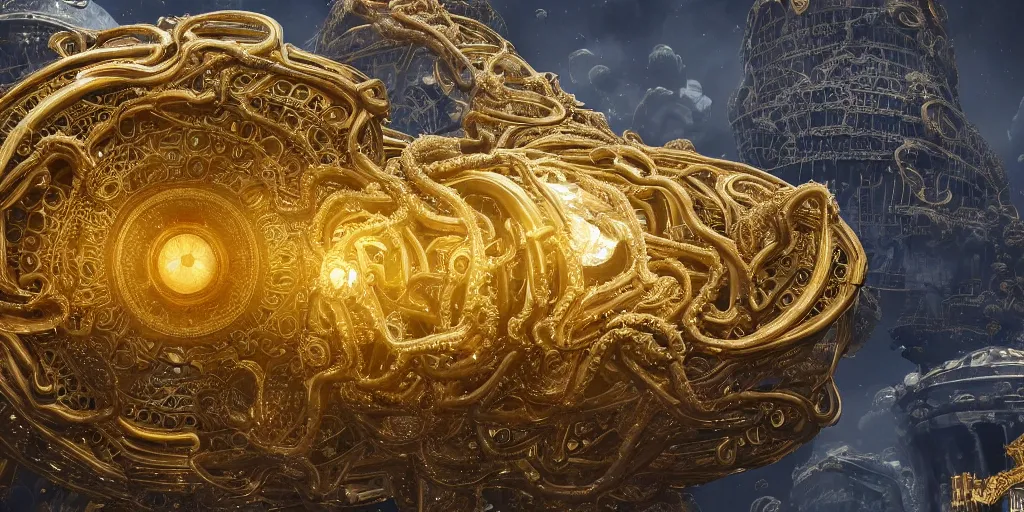 Prompt: a photo of 8k ultra realistic corrupted lovecraftian golden mothership with thrusters, 8000000 intricate white and gold tentacles, ornate white and gold colours, cinematic lighting, trending on artstation, 4k, hyperrealistic, focused, extreme details, unreal engine 5, cinematic, masterpiece