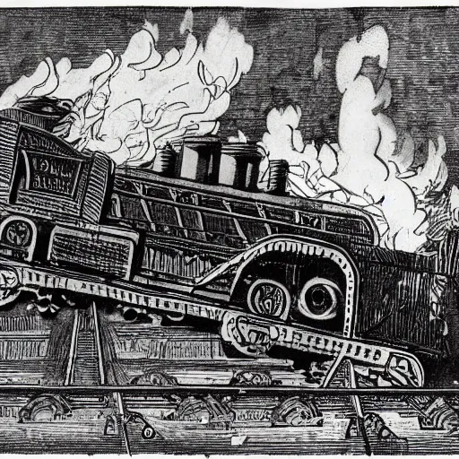 Prompt: 1 7 0 0 s newspaper etching of thomas the tank engine crashing into grand central station