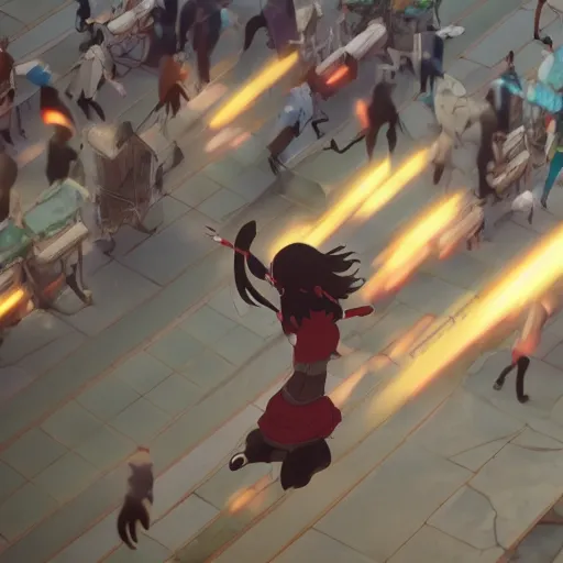 Prompt: female thief jumping up, looking down, surrounded by soldiers, busy marketplace, daytime, asian, fantasy, screenshot from the anime film by makoto shinkai, 8k