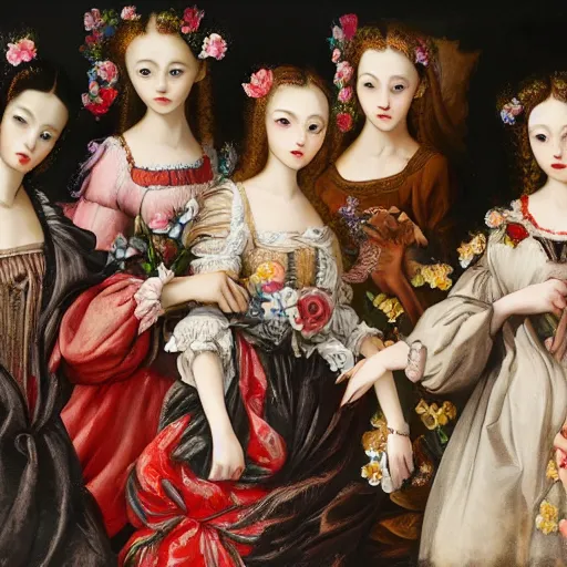 Prompt: renaissance, baroque oil painting brushstrokes, group of creepy young ladies wearing renaissance long harajuku manga dress with flowers and skulls, background chaotic flowers