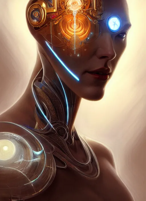 Image similar to cyborg telepath, diffuse lighting, fantasy, intricate, elegant, highly detailed, lifelike, photorealistic, digital painting, artstation, illustration, concept art, smooth, sharp focus, art by John Collier and Albert Aublet and James jean and Brian froud and ross tran and Artem Demura and Alphonse Mucha