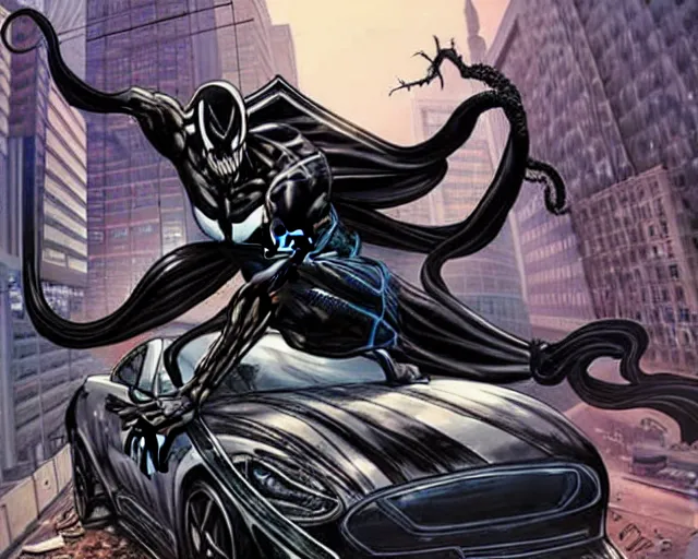 Prompt: Venom standing on top of a wrecked car in the city art by Clayton Crain, Javier Garron and Gerardo Sandoval