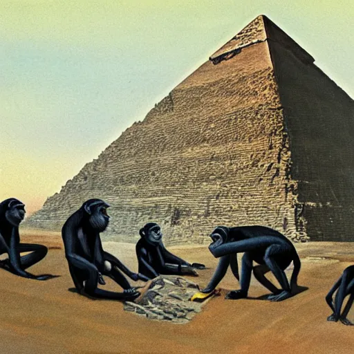 Prompt: chimpanzees building the great pyramid of giza, painting by hans glaser,