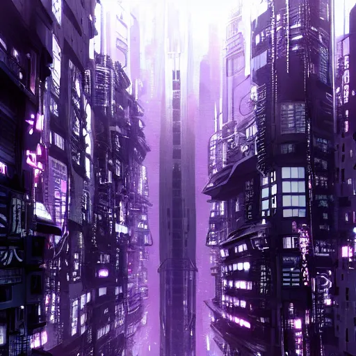 Image similar to Futuristic Concrete Dense Tokyo in style of Tsutomu Nihei in purple and black tones. ArtStation, Cyberpunk, vertical symmetry, 8K, Highly Detailed, Intricate, Album Art.