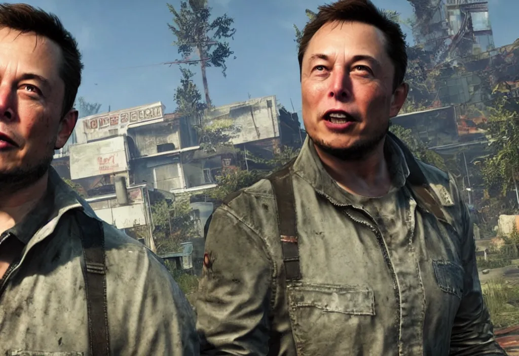 Image similar to elon musk in the video game in the last of us, gameplay screenshot, close up, 3 d rendering. unreal engine. amazing likeness. very detailed.