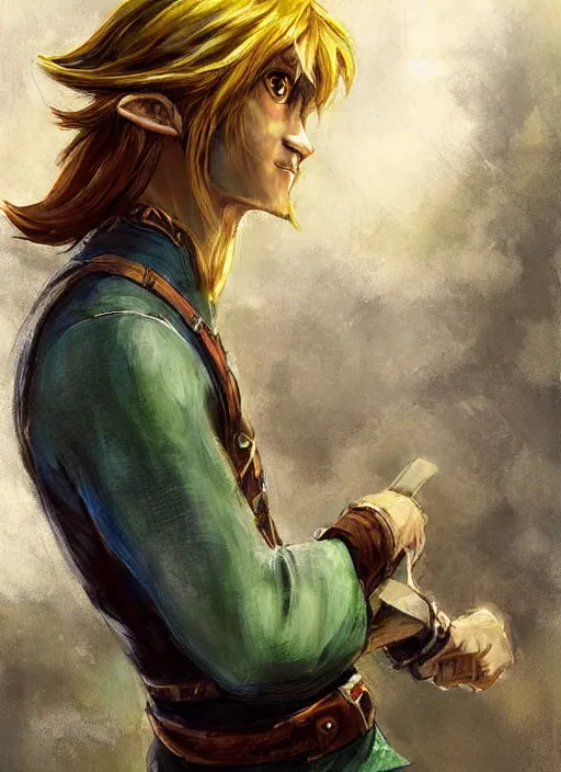 Image similar to character study painting of Link from Legend of Zelda Twilight Princess with golden hair and a long green pointed cap flowing in the wind, by Jeremy Mann, stylized, detailed, realistic, loose brush strokes, intricate, intimate, dark fantasy vibes, muted colors