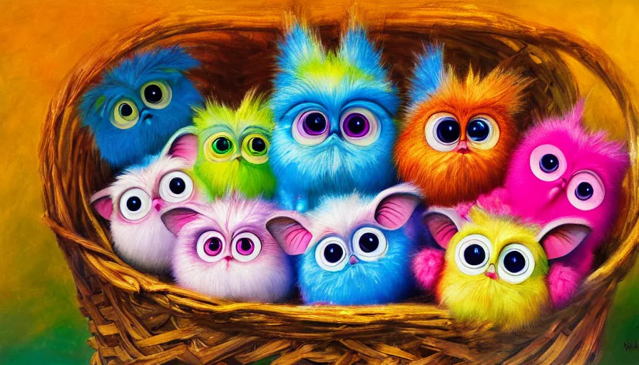 Image similar to highly detailed painting of 9 0 s furby toys cuddling up in a basket by william turner, thick brush strokes and visible paint layers, 4 k resolution