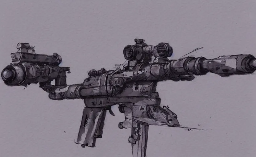 Image similar to concept art of a sniper rifle in futuristic, fantasy, steampunk, pinterest, artstation trending, behance, watercolor, by coby whitmore, silver, laser light,