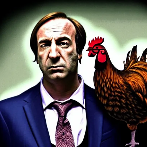 Image similar to saul goodman and a rooster in a medieval torture chamber, saw blades and knives in the background, horror movie, saul goodman, rooster!!!!, real life photo, highly detailed face