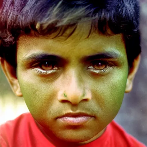 Image similar to portrait of an indian boy with green eyes and red tshirt, film still, kodachrome