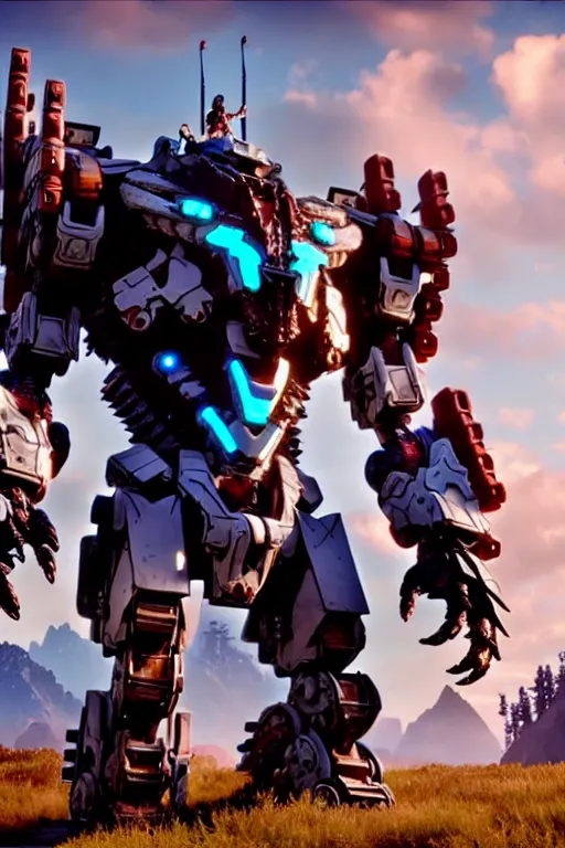 Prompt: a cinematic still from horizon zero dawn and pacific rim and transformers, full body mech, armored core, intact humanoid servo, octane render, nvidia raytracing demo, masterpiece, aged armor plating, decipticon armor plating, aggressive head, endoekeleton exposure