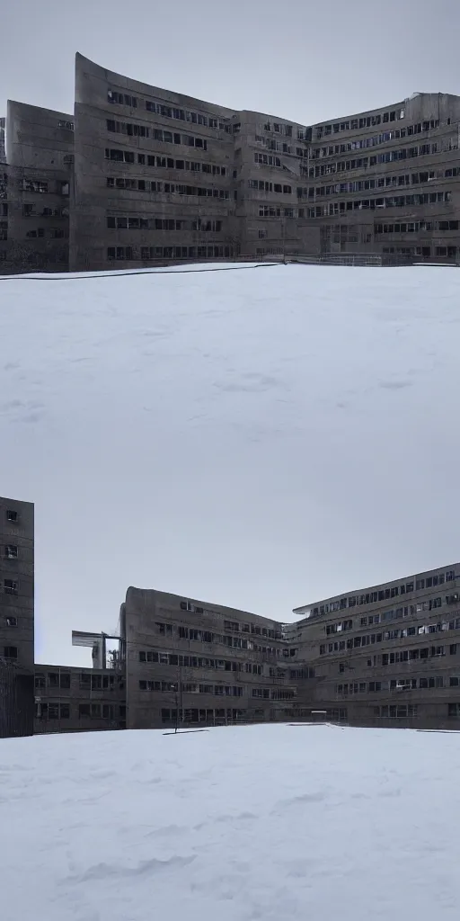 Image similar to brutalist architecture, hyperrealistic rendering, 4 k, tyndall effect, snow day ， ultra wide angle