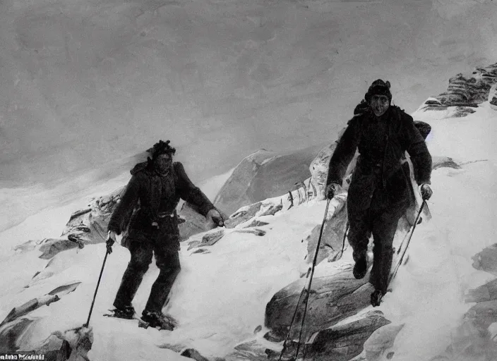 Prompt: two men hiking up a massive stoney mountain in the midst of a white our blizzard, windy, snow, breathtaking views in the style of anders zorn