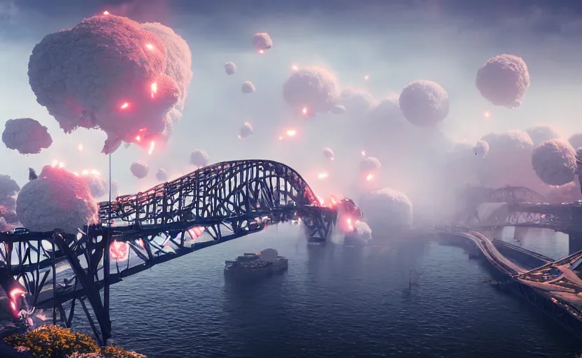 Image similar to huge xplosions in the form of white cotton plants destroy big harbour bridge, 3 d octane render, epic lighting, 8 k, by goro fujita