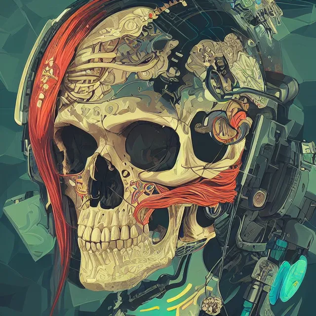 Prompt: a beautiful vector painting of a cyberpunk skull by sachin teng and pascal blanche and alphonse mucha and nekro and josan gonzalez. film noirs, brush stroke, vibrating colors, hyper detailed. octane render. trending on artstation