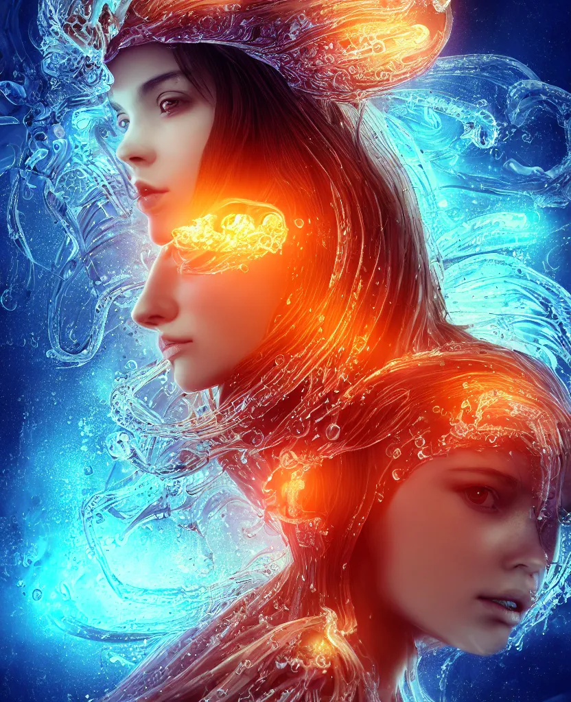 Image similar to close-up macro portrait of the face of a beautiful princess, epic angle and pose, symmetrical artwork, 3d with depth of field, blurred background, cybernetic jellyfish female face skull phoenix bird, translucent, nautilus, energy flows of water and fire. a highly detailed epic cinematic concept art CG render. made in Maya, Blender and Photoshop, octane render, excellent composition, cinematic dystopian brutalist atmosphere, dynamic dramatic cinematic lighting, aesthetic, very inspirational, arthouse. y Greg Rutkowski, Ilya Kuvshinov, WLOP, Stanley Artgerm Lau, Ruan Jia and Fenghua Zhong