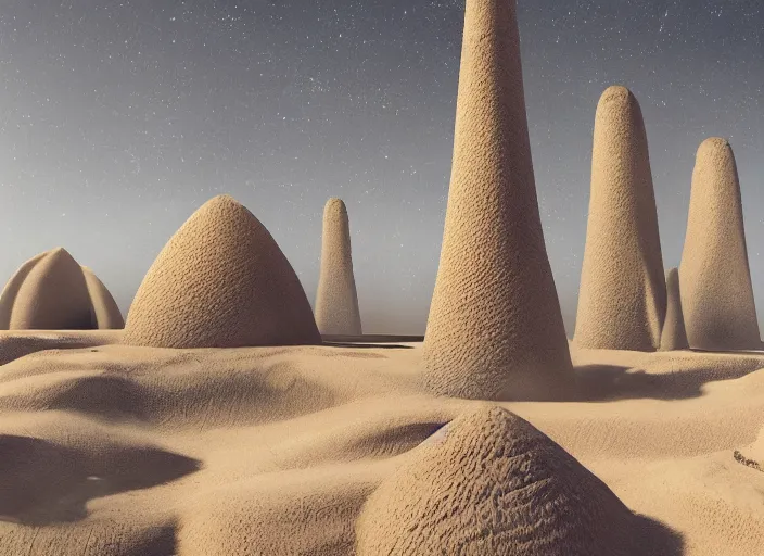 Image similar to cover concept art of the lost sand city, levitating rock piles, golden towers, golden pillars, palm trees, space and time, floating objects, post-processing, in the style of Hugh Ferriss, Behance, Artgerm. High detail, ultra realistic render, octane, 3D, photorealism, symmetric, cinematic from the umbrella academy