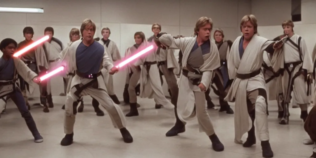 Prompt: A still of Mark Hamill as Jedi Master Luke Skywalker training a group of diverse young Jedi students in a Sci-fi room, in a Star Wars Sequel, 1990, Directed by Steven Spielberg, 35mm