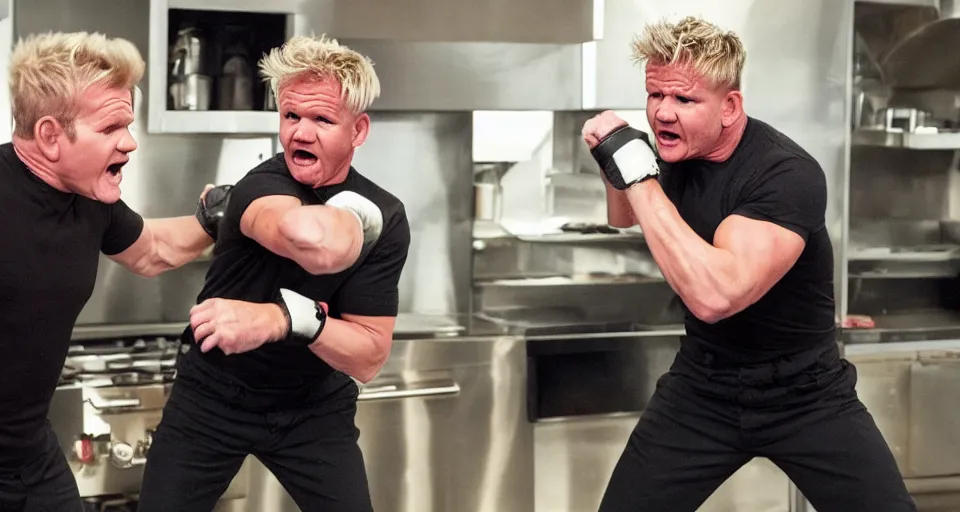 Image similar to photo of angry furious Gordon Ramsay punching Gordon Ramsay at the kitchen