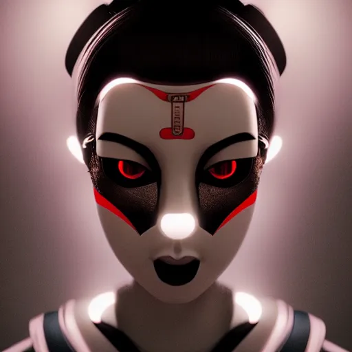 Prompt: japanese geisha robot android portrait, kabuki mask, cyberpunk, minimalistic in the style of ash thorp, beautiful, cinematic lighting, octane renderer, unreal engine 5