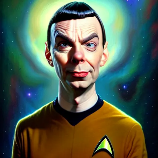Prompt: Portrait of Sheldon cooper as Spock Funny cartoonish by Gediminas Pranckevicius H 704 and Tomasz Alen Kopera, masterpiece, trending on artstation