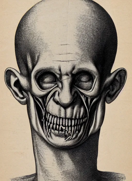 Image similar to vintage medical anatomical illustration of nosferatu head, highly detailed, labels, intricate writing