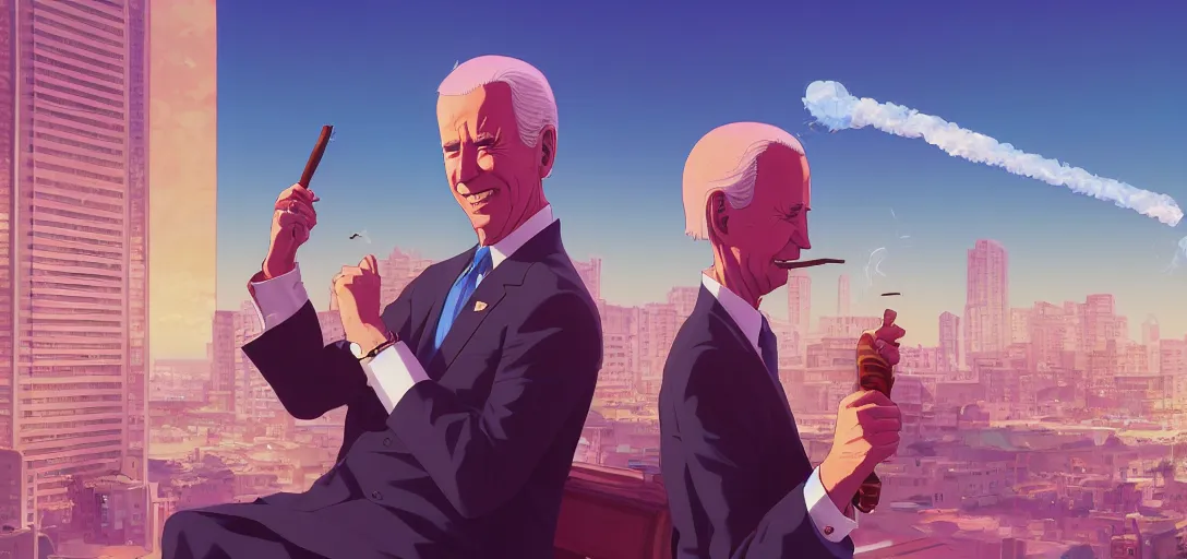 Image similar to ⁠portrait of Joe Biden Smoking a cigar , Karachi skyline background, rich vivid colors, ambient lighting, dynamic lighting, 4k, HQ, official media, anime key visual, makoto shinkai, ilya kuvshinov, lois van baarle, rossdraws, detailed, trending on artstation