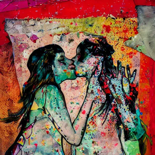 Prompt: two women kissing at a carnival in your nightmares, mixed media collage, retro, paper collage, magazine collage, acrylic paint splatters, bauhaus, claymation, layered paper art, sapphic visual poetry expressing the utmost of desires by jackson pollock